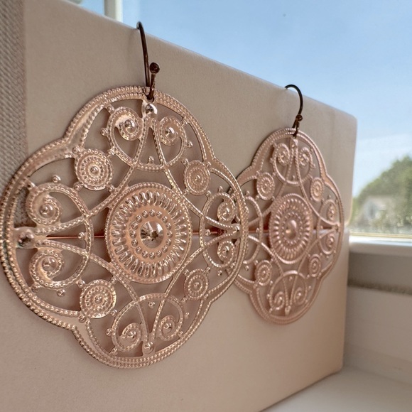 Rose Gold Dangle Earrings Filigree Drop Statement Earrings Medallion - Picture 4 of 7